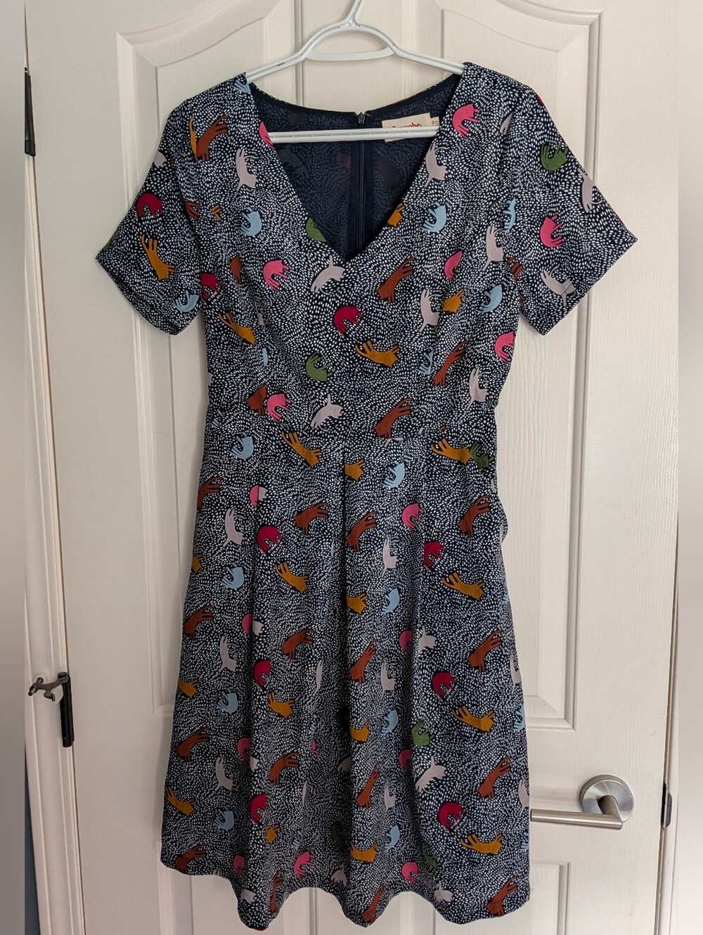 Louche Navy Abstract Cat Print Short Sleeve A-Line Dress - Small